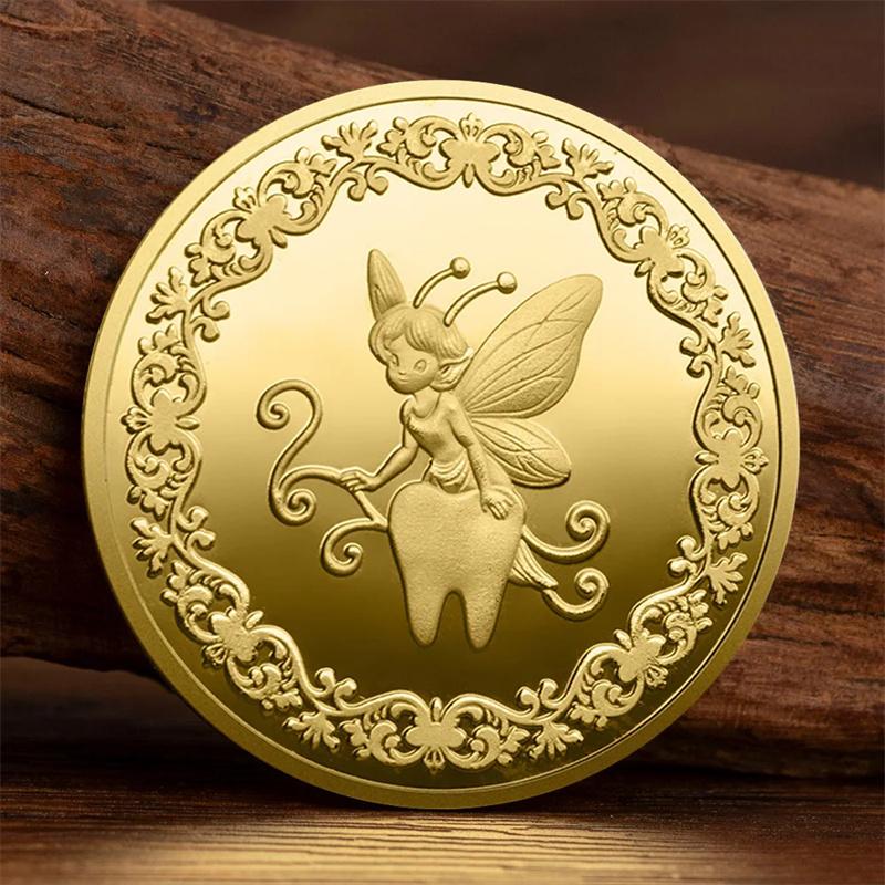Gettone Fata dei Denti Moneta Commemorativa Placcata Oro Collezione Dente da Latte Sostituzione Monete Fortunate Cartoni Animati