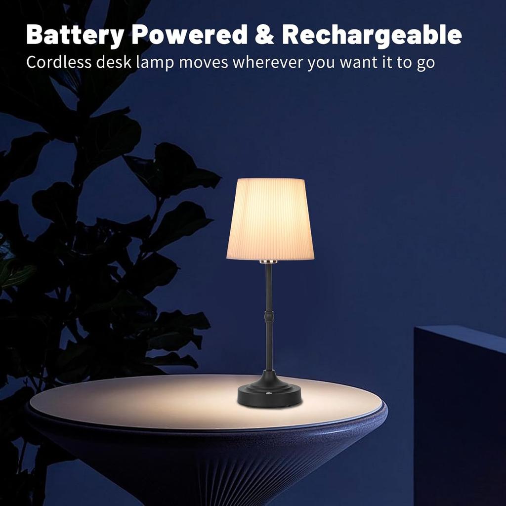 Fabric Shade Cordless LED Desk Lamp with Dimmer, Built-in Rechargeable Battery, 3-Level Brightness, Bedside Night Lamp,Patio Table Lamp, Ambient