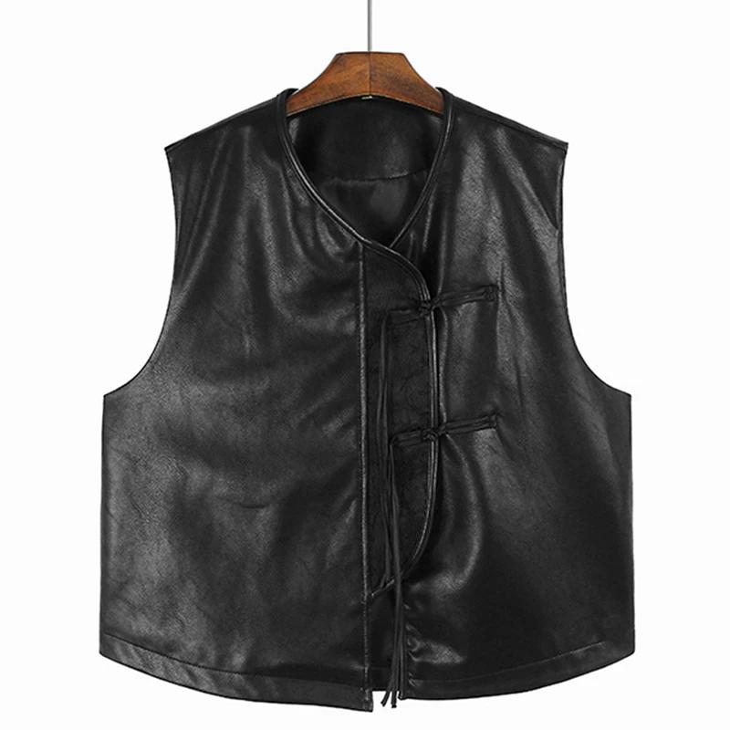 

Xitao Винтажный однотонный жилет из искусственной кожи, однобортный однобортный жилет без рукавов с v-образным вырезом, простой универсальный женский DMJ3889 One Size чёрный