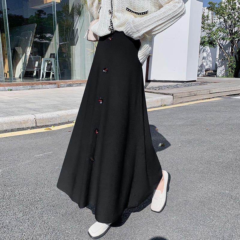 Höst och Vinterstickad Halvkjol för Kvinnor, Ny Högmidjad A-linje Tjockt Garn Mellanlång Långkjol