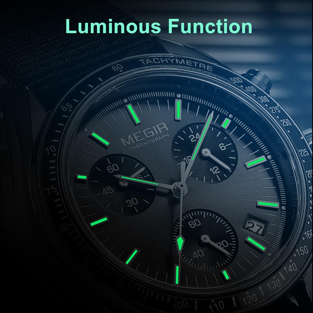 MEGIR Luxury Quartz Watches for Men Blue Canvas Strap Sport Leisure Chronograph Luminous Waterproof Male Wristwatch Clock 2247