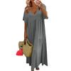 Women's Summer Fashion V-neck Solid Color Large Size Loose Long Large Swing Short-sleeved Dress