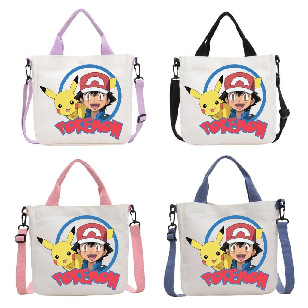 Pokemon Canvas Crossbody Bag Pikachu Cartoon Pattern Print Handbag Fashion Portable Large Capacity Travel Shopping Storage Kid Friendly Entertaining