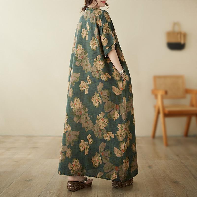 Real Shot Summer Thin Cotton and Linen V-neck Large Size Loose Vacation Wind Beach Dress Retro Medium and Long Dress Women