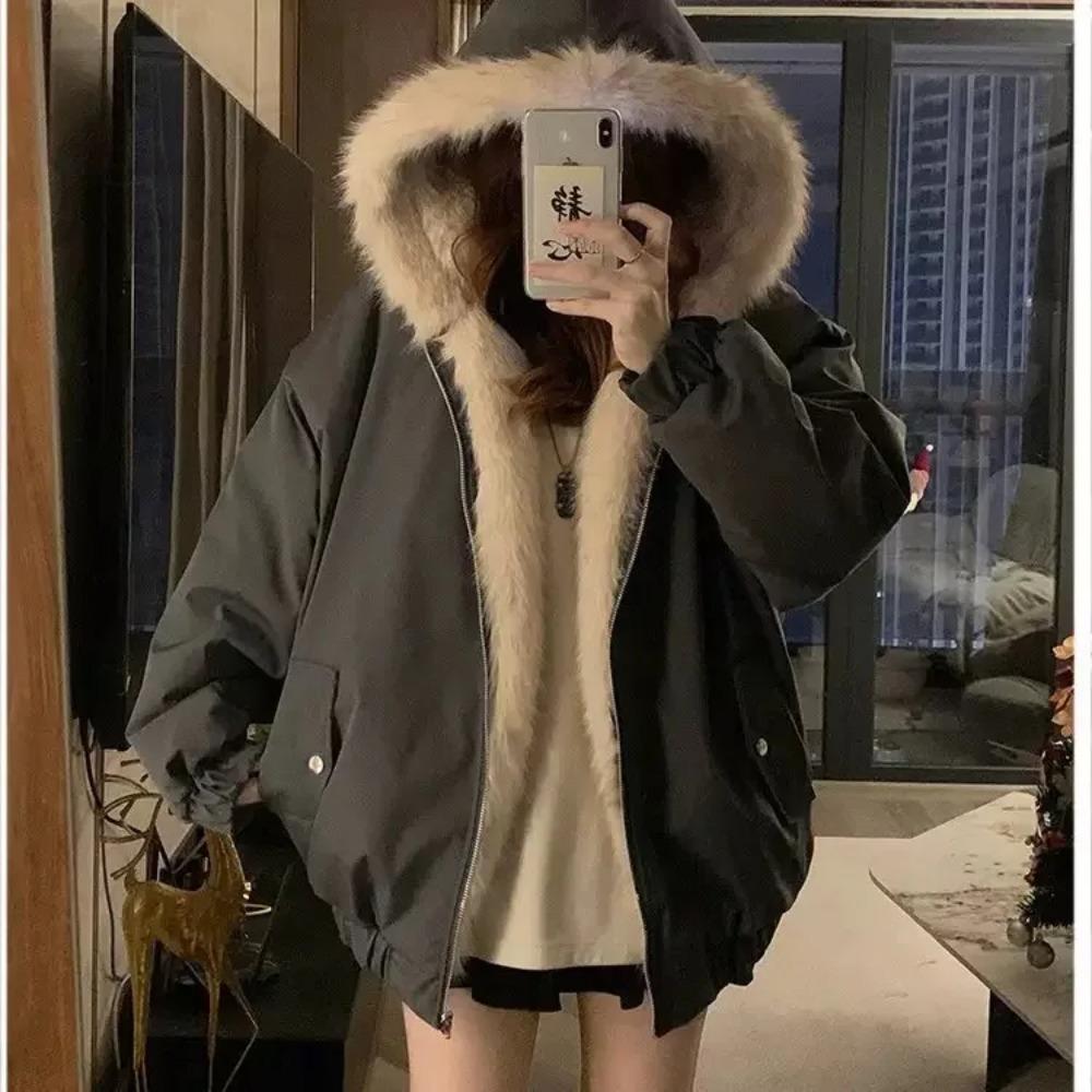 Double-Sided Warm Fur Coat Women Autumn Winter Loose Thicken Plush Cotton Coat Hooded Imitation Mink Fur Outwear
