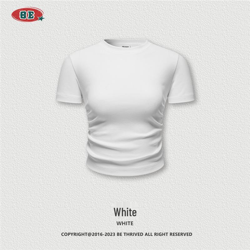 

BE Women s 2025 Trendy Pleated Waist-Hugging Short Sleeve T-shirt Small белый