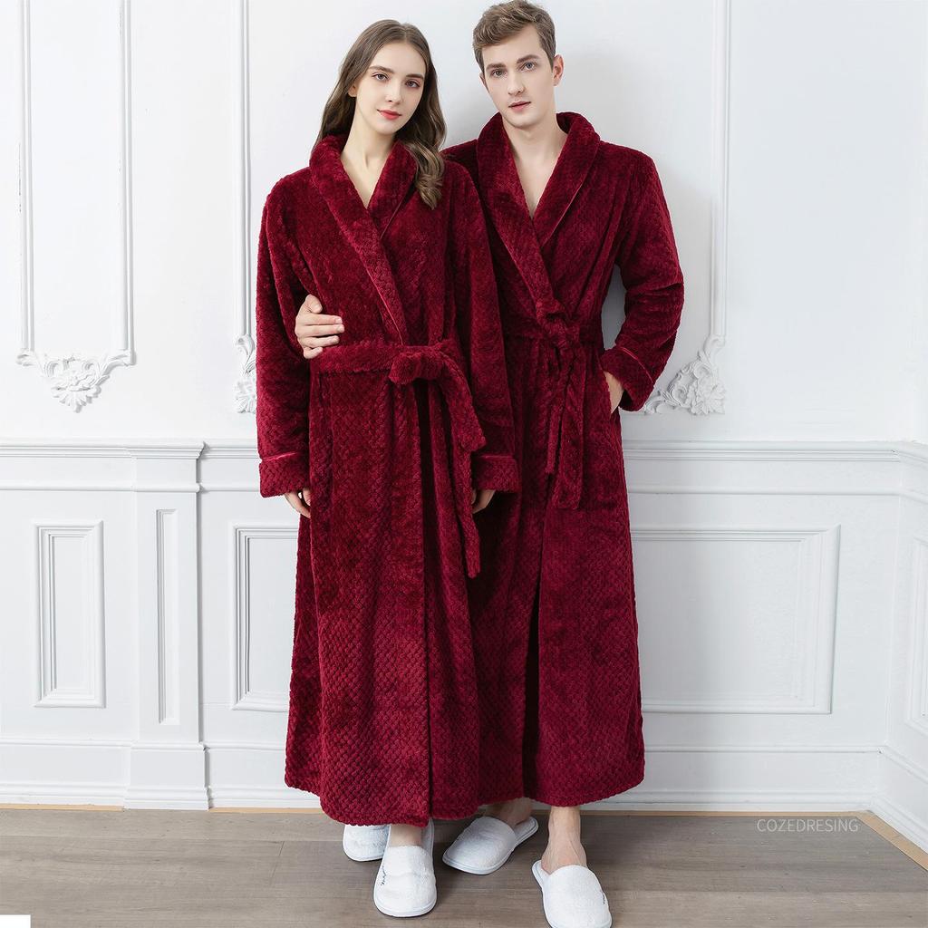 Extra langer Jacquard-Fleece-Bademantel für Paare - Dicker, warmer Fleece-Bademantel für Herren & Damen, Winterpyjama in Übergröße
