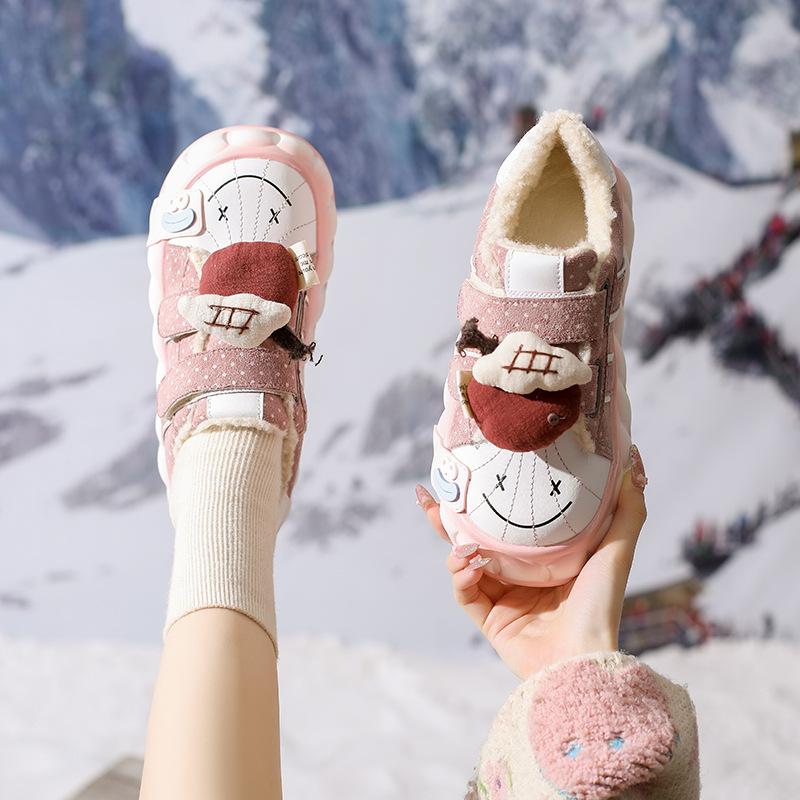 Women's fashion cartoon lightweight soft sole winter warm fur one snow boots padded lining non-slip casual sports cotton boots