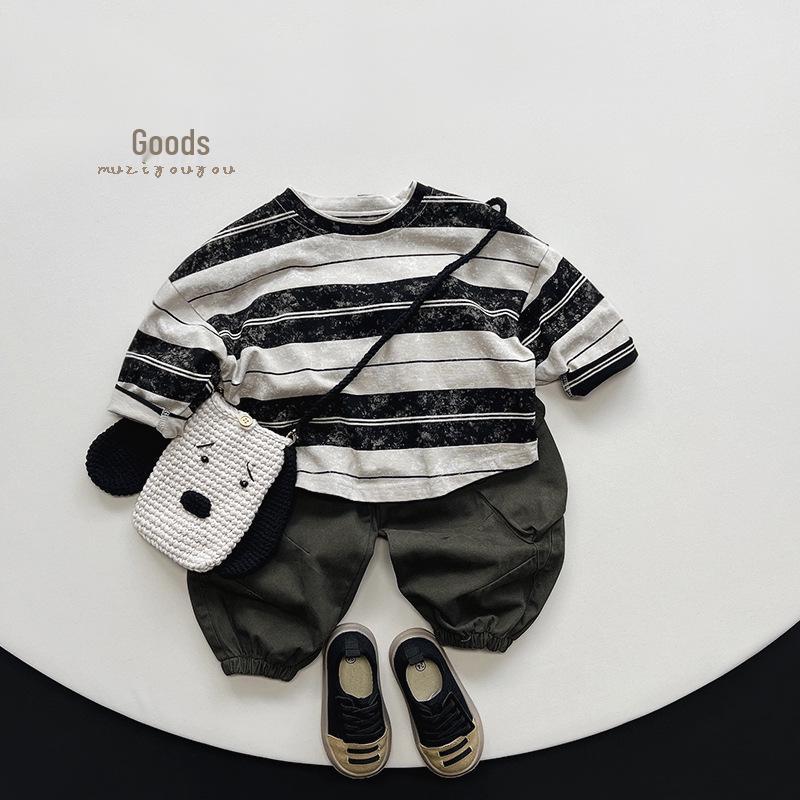 Tricou pentru copii cu dungi retro uzat - Unisex Stil coreean Primăvara 2025