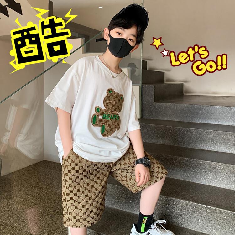 

«Летний комплект из топа и шорт с изображением корейского медведя для мальчиков 2022 года — стильный комплект из двух предметов с короткими рукавами для детей» 150 cm