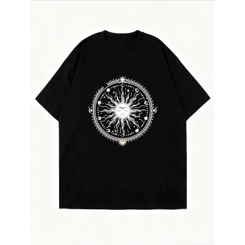 Weißes Rundhals-T-Shirt mit Sonnen- und Mond-Mandala-Druck für Freizeitkleidung