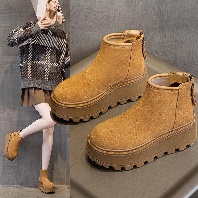 2024 Autumn/Winter Women's Thick-Soled Cow Suede Ankle Boots: Versatile, Height-Increasing, Warm Martin Style