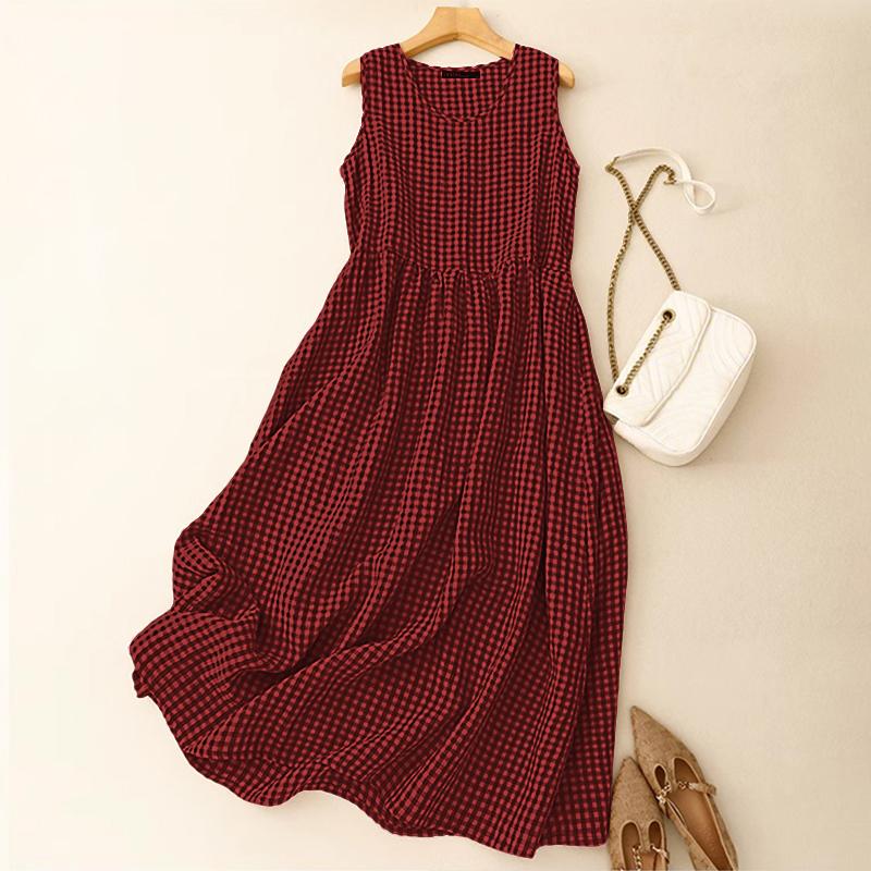 

ZANZEA Женское повседневное летнее платье без рукавов с круглым вырезом и клетчатым принтом 5XL вино красного