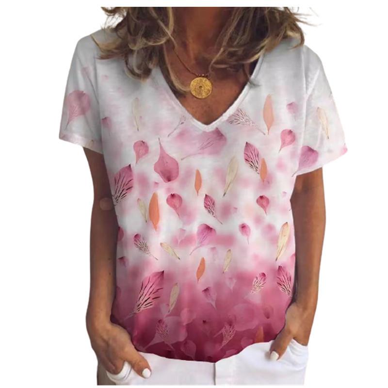 Summer V-neck 3D Gradient Leaf Printed Top Fashionable Casual Short Sleeved Women's T-shirts