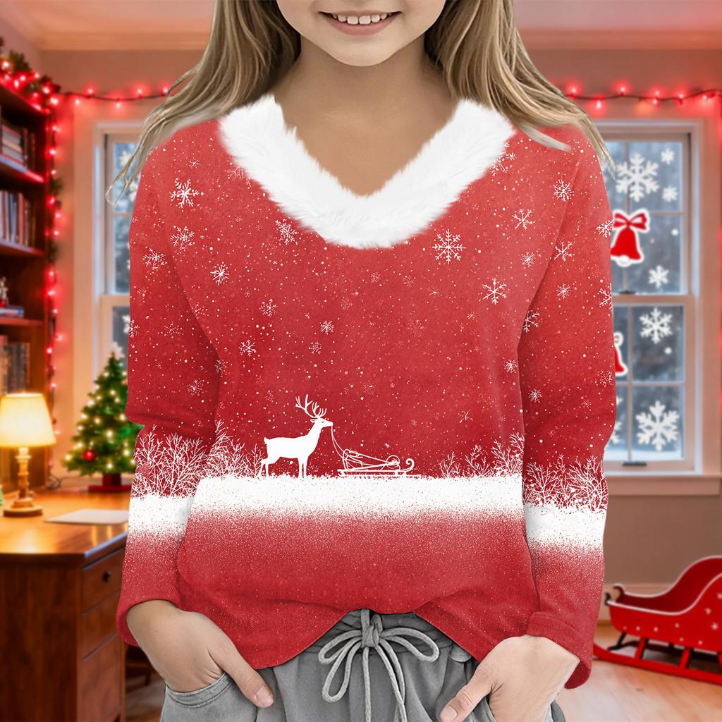 Christmas Day Girls Long Sleeve T Shirts Kids  Girls' V-Neck Tee Christmas Print Long Sleeve Top