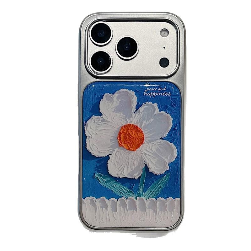 Floral Oil Painting Phone Case for iPhone 17/16 Pro Max/15/14 - Fresh Light Blue Design
