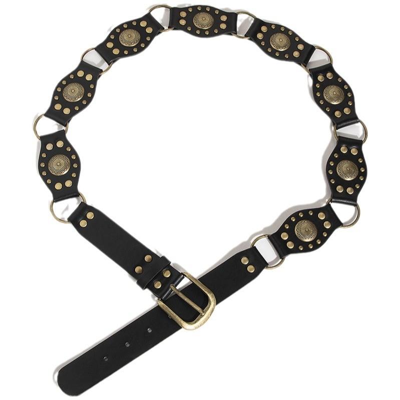 Vintage Western Style Faux Leather Belt With Spliced Carving And Unique Buckle For Fashion Women