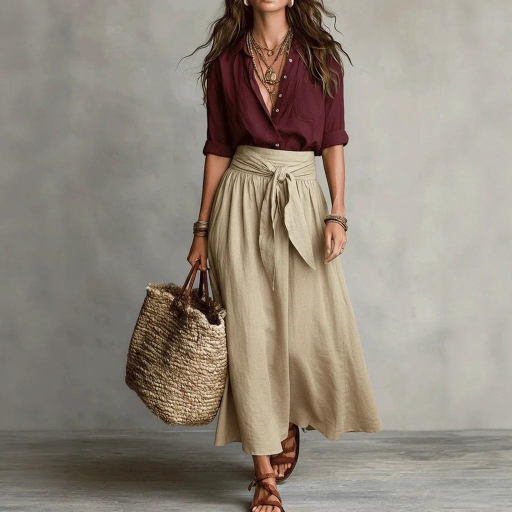 Damen Langarmshirt und Maxirock mit Bindegürtel 2-teiliges Freizeit-Outfit