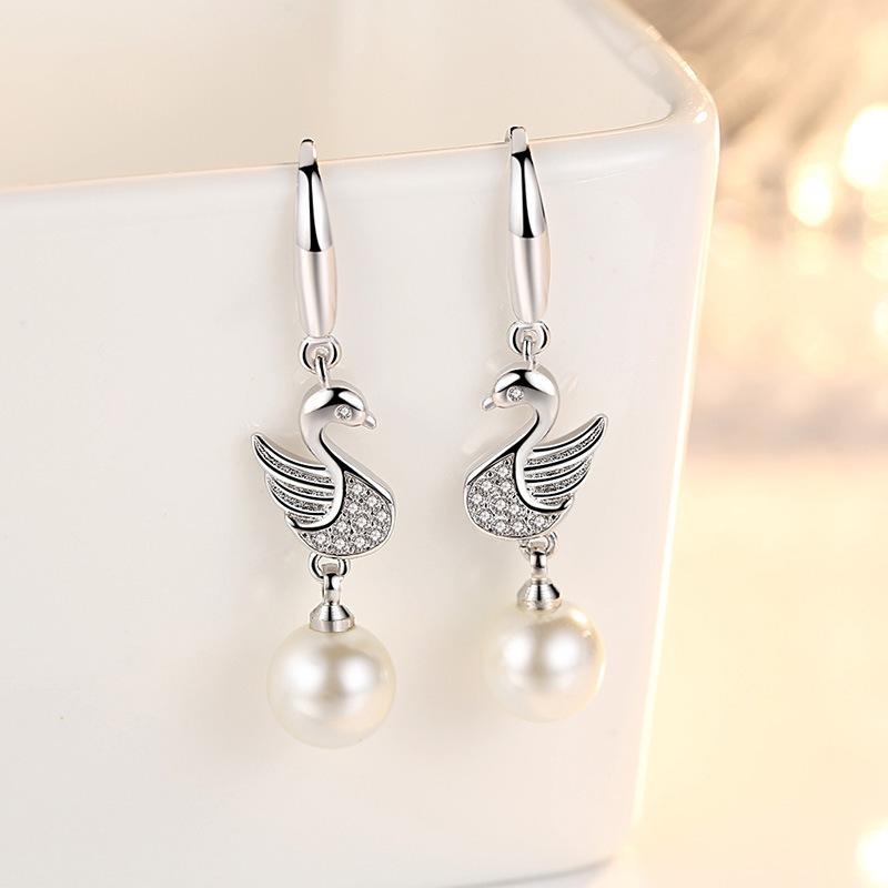 Ladies Elegant Zircon Swan Pearl Eardrop Earrings