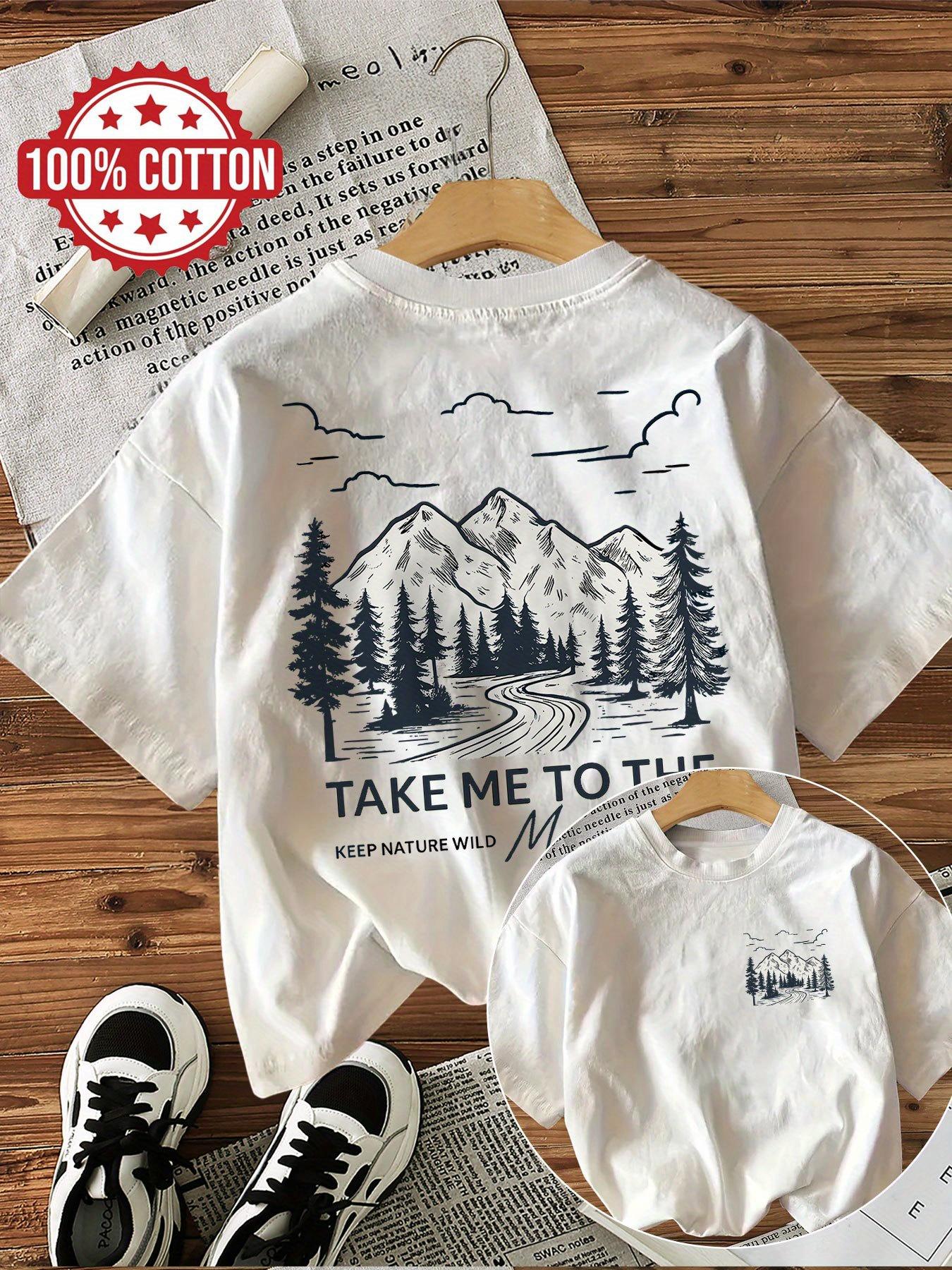 Damen T-Shirt Berglandschaft Grafik-T-Shirt mit  Take Me To The Wild  Slogan Lässiges Alltagshemd Frau Mädchen XXL weiß