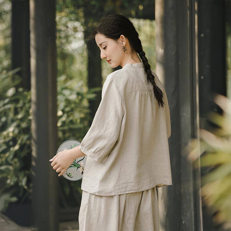 Deer and Andi summer new linen shirt women's seven-quarter-sleeved new Chinese high-end shirt loose cardigan top