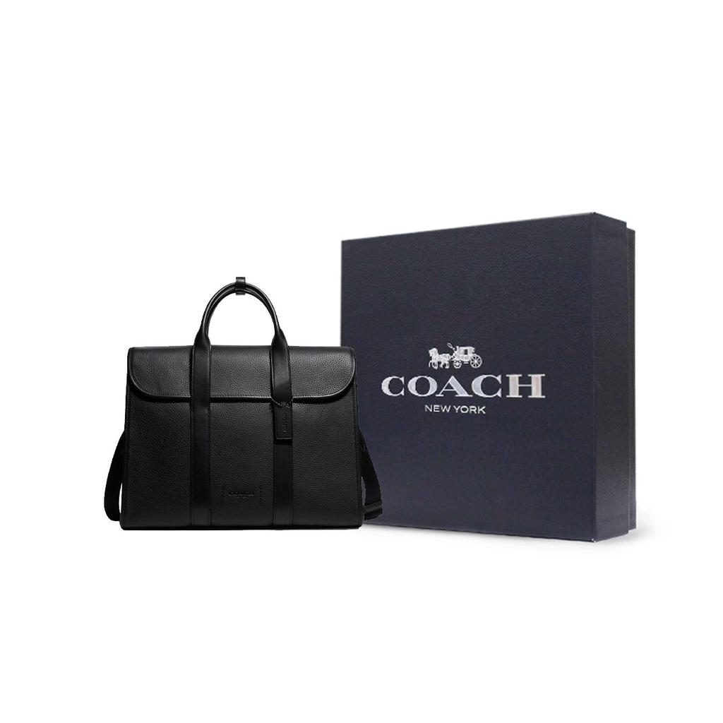 Coach Gotham 39 Flap Pebble Grain Leather And Refined Calfskin Laptop Briefcase Large Men Briefcase Black C5318-JIBLK