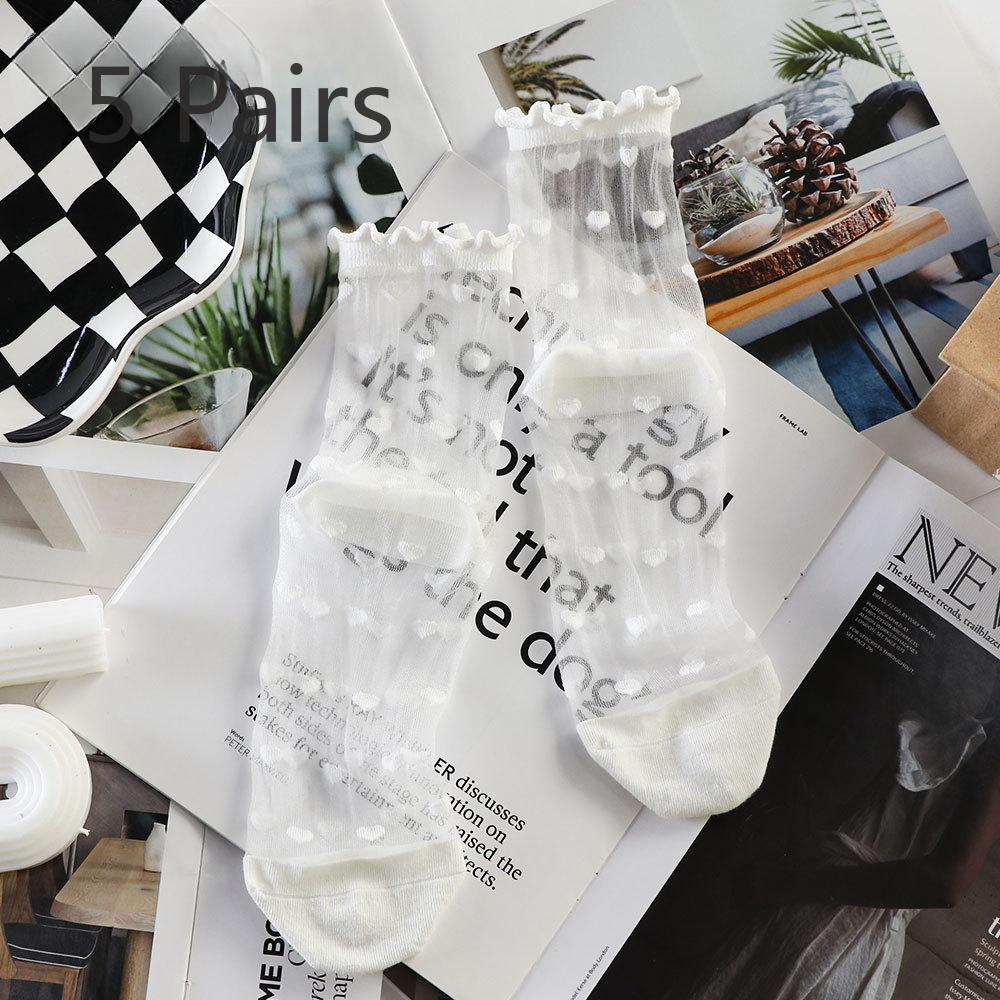 5 Pairs of Women's Spring and Summer Striped Lace Love Glass Silk Socks