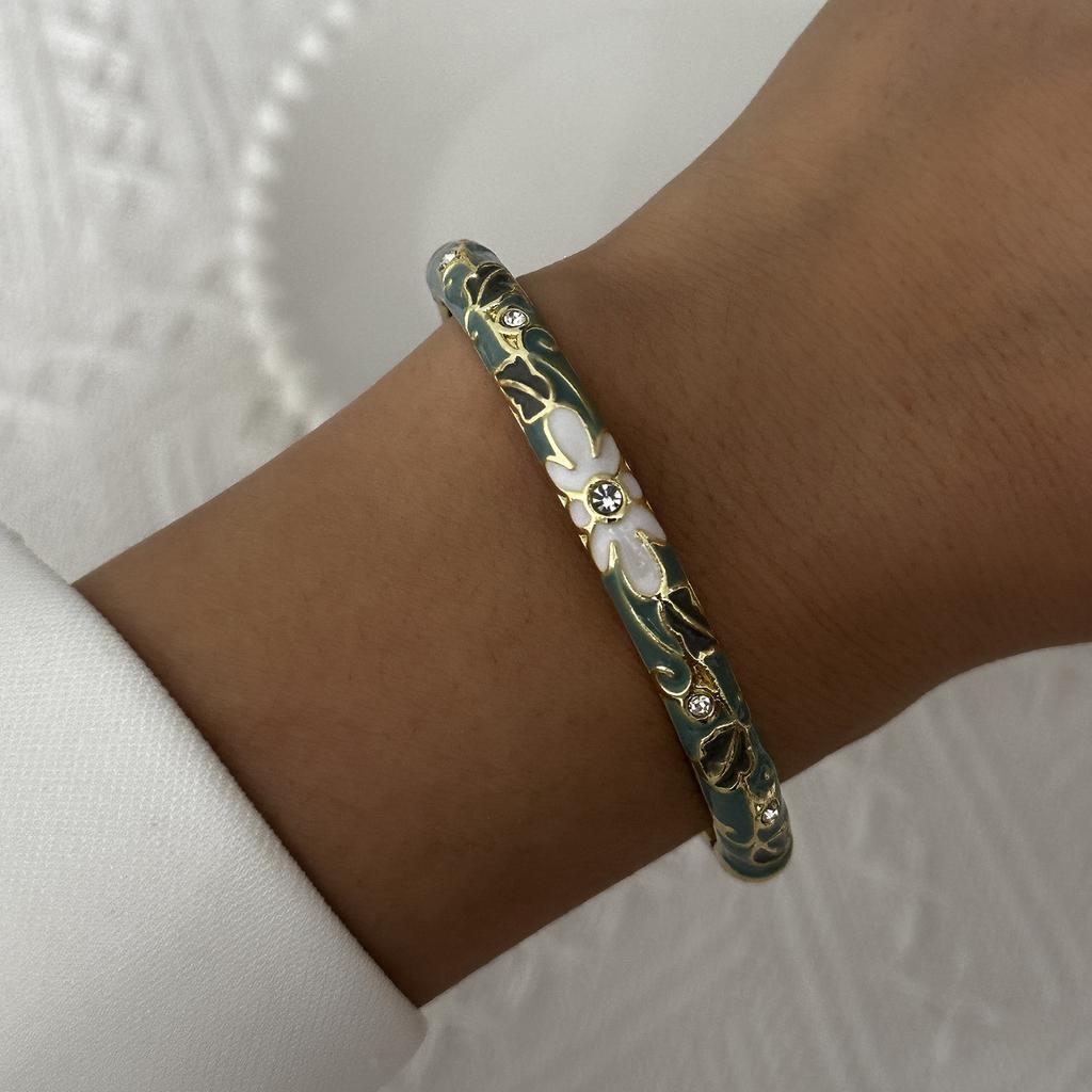Colorful Metal Enamel Flower Bracelet For Women Ethnic Style Inlaid Zircon Floral Leaves Pattern Bangle Party Wedding Jewelry
