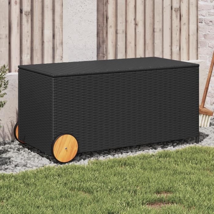 Boîte de rangement de jardin et roues noir 190L résine tressée