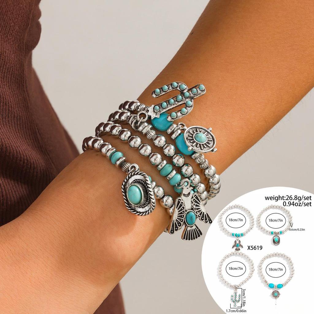 Women Beaded Bracelet Vintage Boho Style Handmade Leather Stretch Bracelet Fashion Vacation Men Accessories 5-piece Set