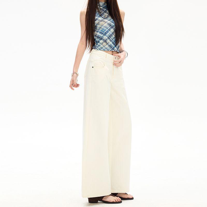 Spring Summer Off White Casual Relaxed Wide Leg Flare Denim Pants For Women Casual Pants Oversize Denim Trousers