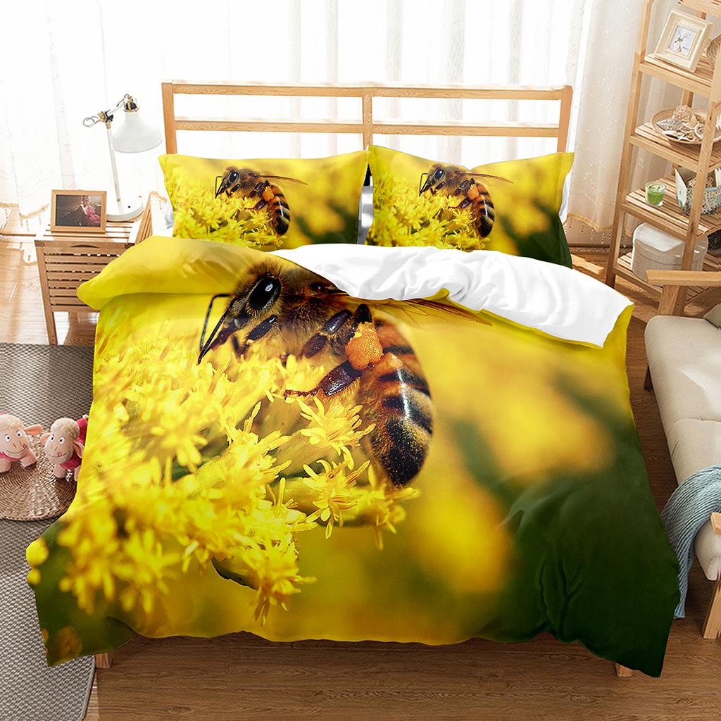 Yellow Bee Duvet Cover Collection Cartoon Wild Animals Pattern Quilt Cover With Pillowcase Lightweight Soft Gift King Queen Full Size