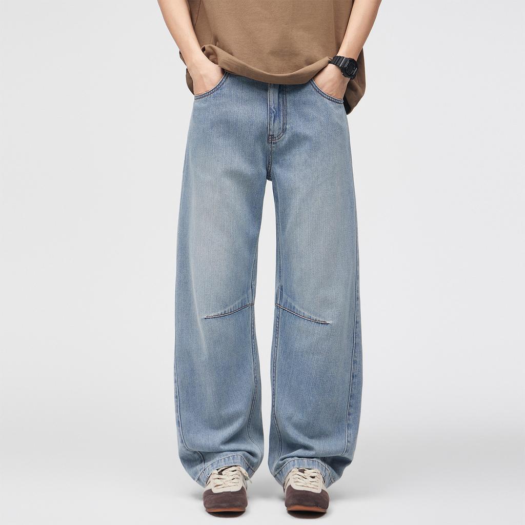 American Deconstruction Pleated Denim Scimitar Pants Men's Spring New Retro Washed Anti-wrinkle Pure Cotton Long Pants Wholesale