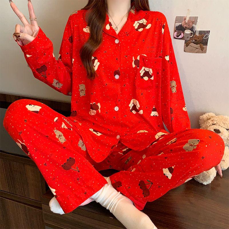 Feestelijke Grote Rode Zoete Kersenprint Damespyjama Leuke Kerst Kleine Hond Nachtkleding Lente Herfst Cartoon Huiskleding