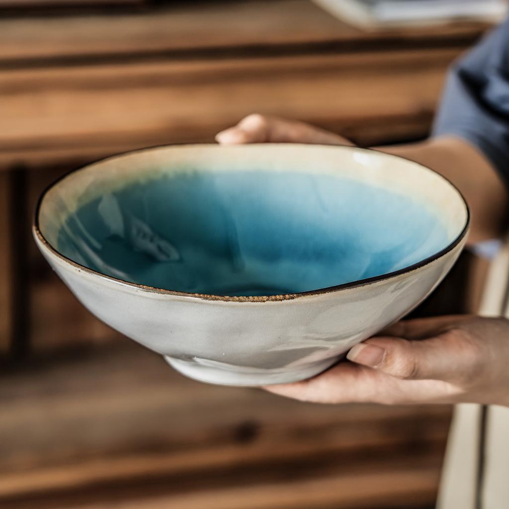 Characteristic Ice Crack Glaze Ceramic Large Bowl High Value Gradual Change Open Bowl Household Round Vegetable Bowl Salad Bowl Tableware