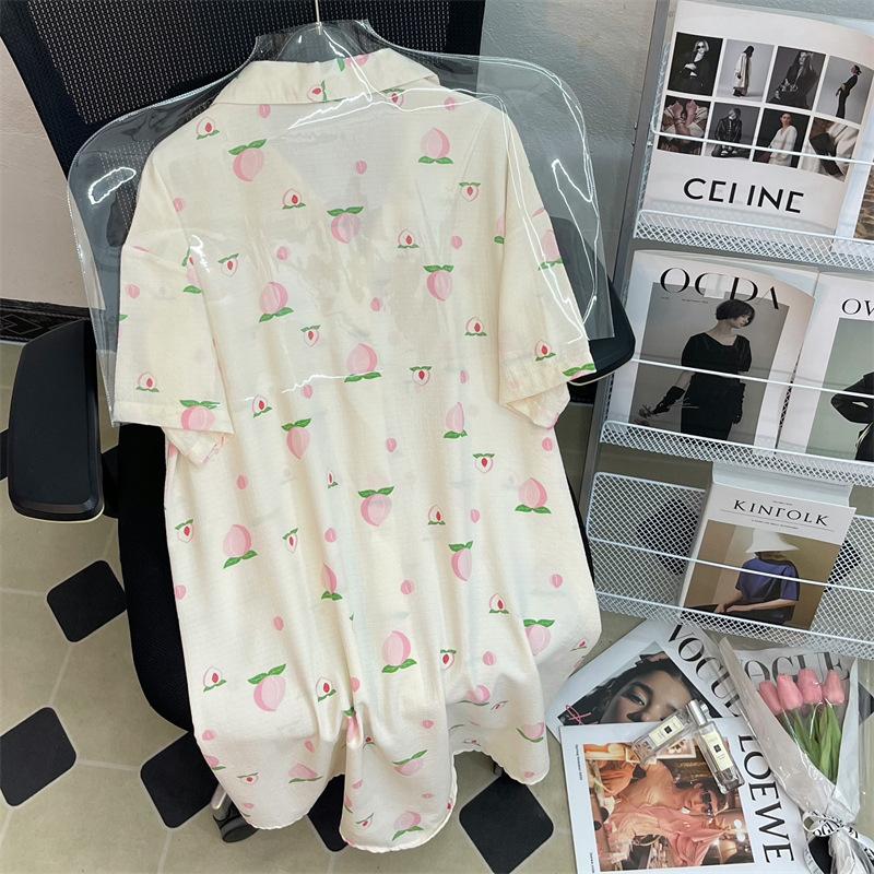 Light pink peach small fresh summer pattern nightdress summer simple bubble wrinkle loose loungewear