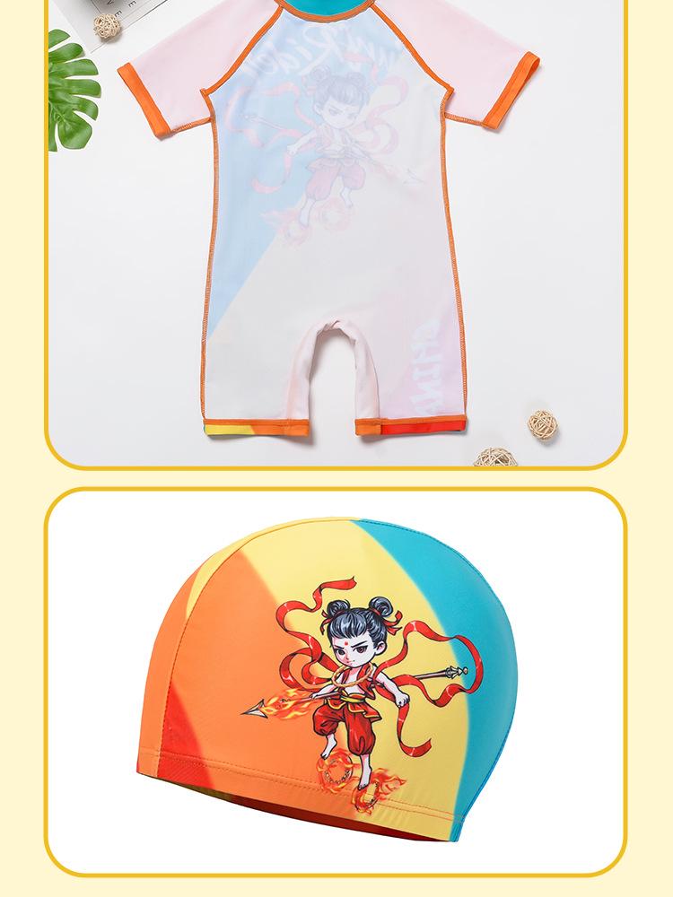 2025 Nezha Cartoon One-Piece Swimsuit with Swim Cap for Boys
