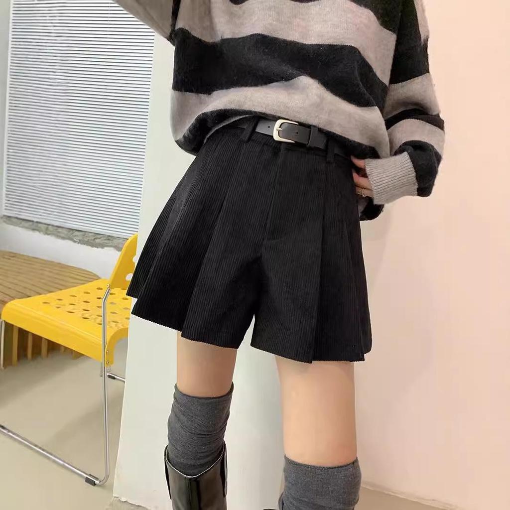 High-Waisted Khaki Corduroy A-Line Skorts for Women - 2026 Autumn/Winter Hip-Covering Pleated Wide-Leg Style.