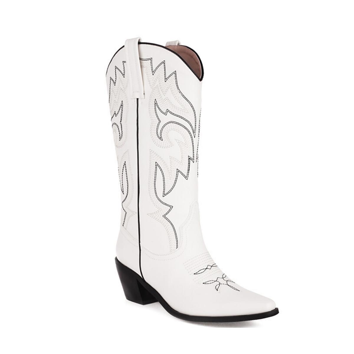 

GIGIFOX Женские винтажные вышитые ковбойские сапоги до середины голени с острым носком и квадратным толстым каблуком в стиле вестерн 9