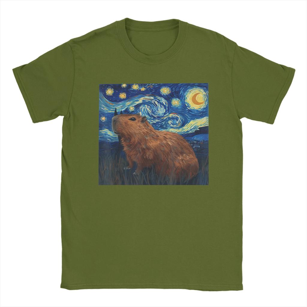 Fashion Capybara Van Gogh Style Starry Night T-Shirts Men Crew Neck 100% Cotton T Shirt  Short Sleeve Tee Shirt Summer Tops