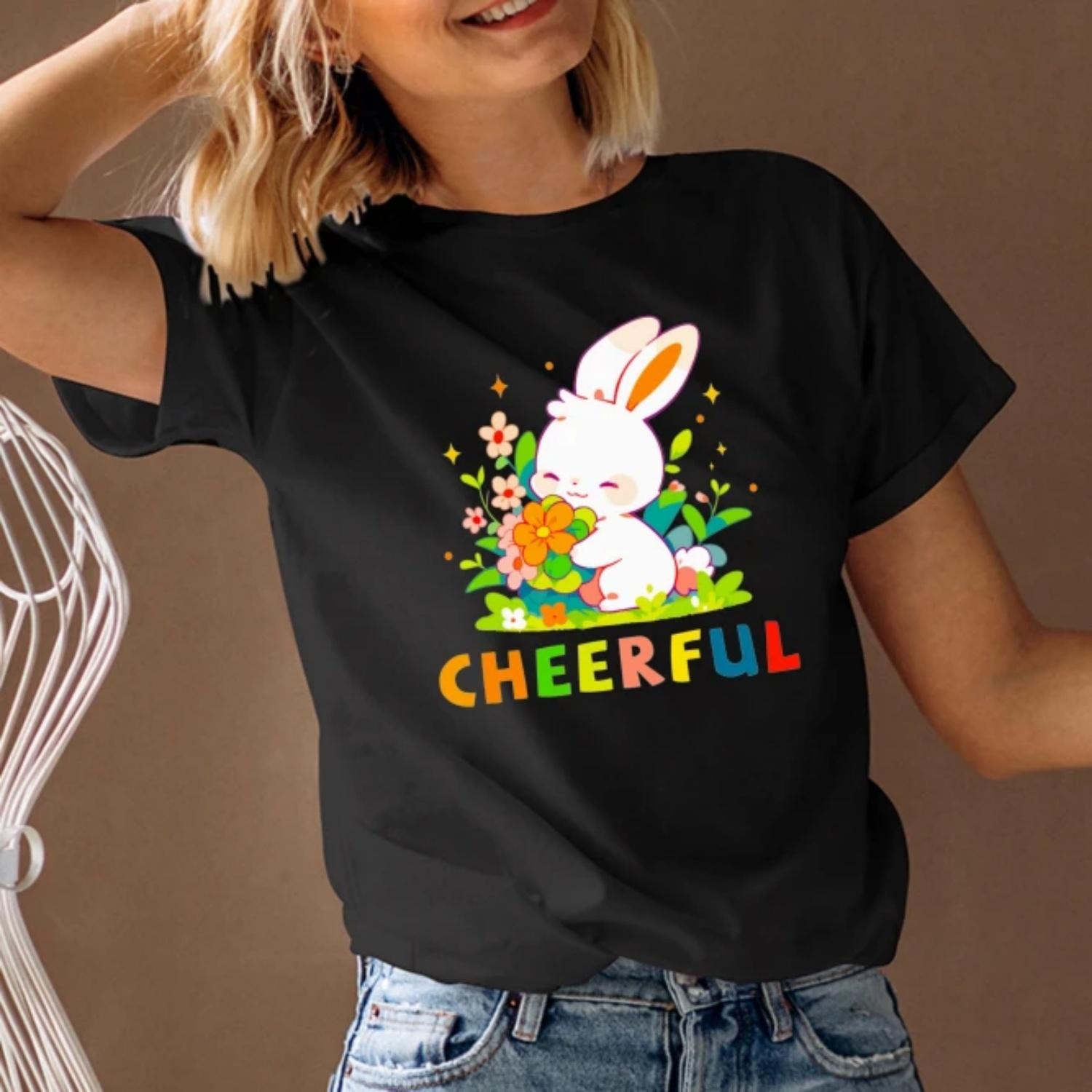 

Women s T-Shirt Short Sleeve Round Neck Summer Spring Cheerful Bunny Graphic Tee Trendy 2025 Fast Ship S чёрный