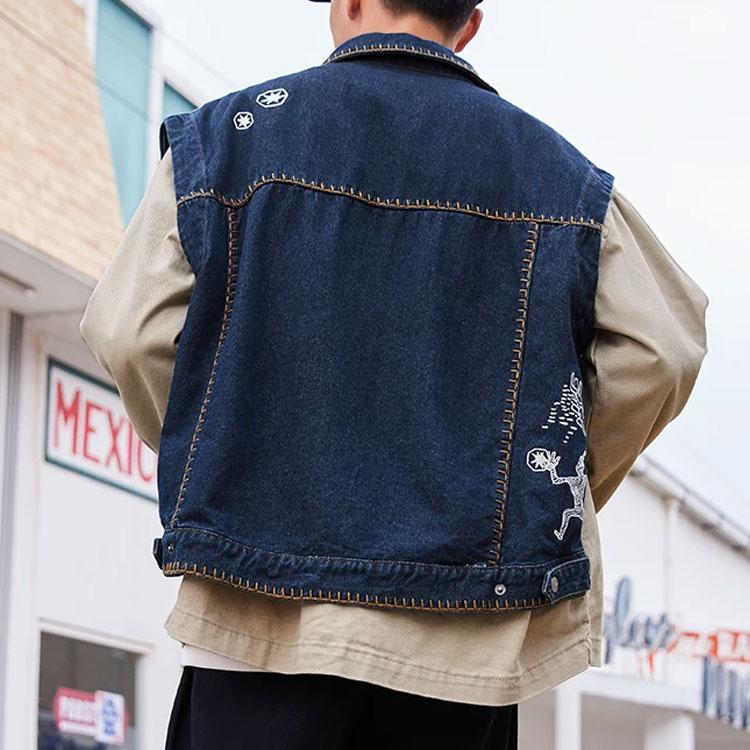 Li Ning Color Block Washed Loose Denim Jacket Men Jackets Dusty-Earth Denim-Blue AFDR823-1