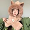 Fox Ear Hat and Scarf Combo for Women, Cute Plush Furry Animal Hat with Attached Neck Warmer, Two-piece Set for Winter