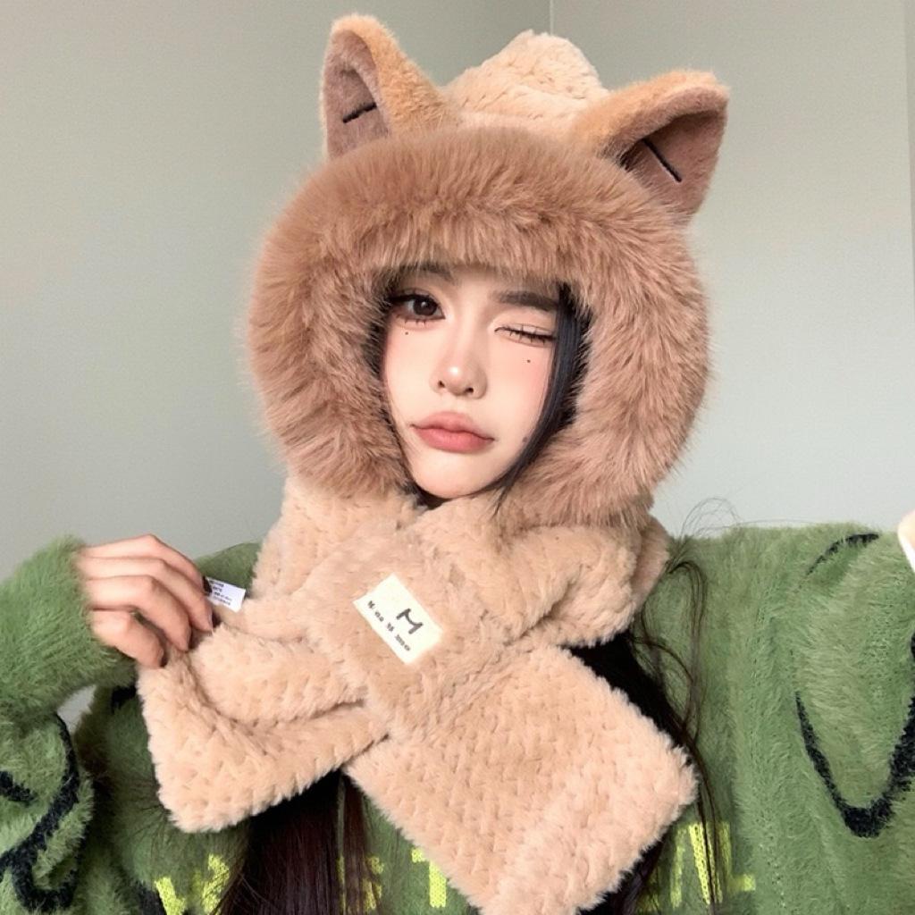 Fox Ear Hat and Scarf Combo for Women, Cute Plush Furry Animal Hat with Attached Neck Warmer, Two-piece Set for Winter