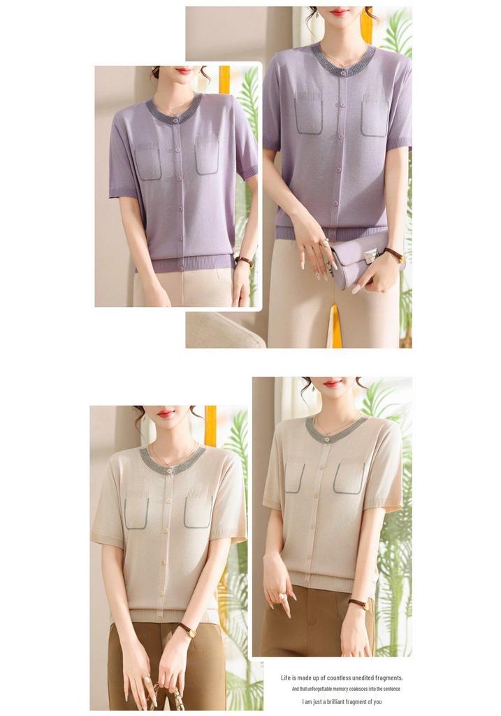 Elegant Ice Silk Short-Sleeve Knitted Top for Middle-Aged Women