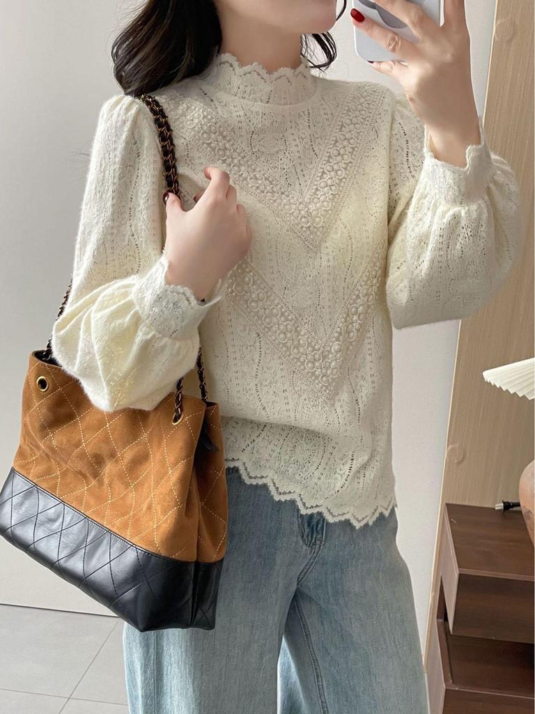 2026 Spring/Summer French Court Style Lace Half-High Collar Layering Top