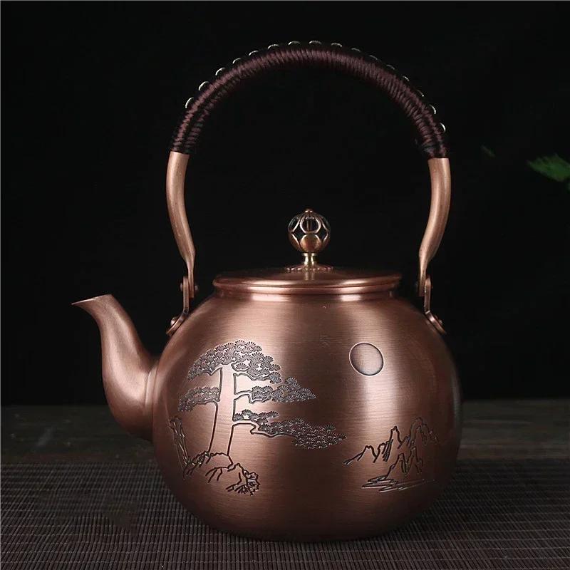 1600ML Antique Pure Copper Teapot Health Boiling Water Pot Handmade Carved Pot Red Copper Tea Set