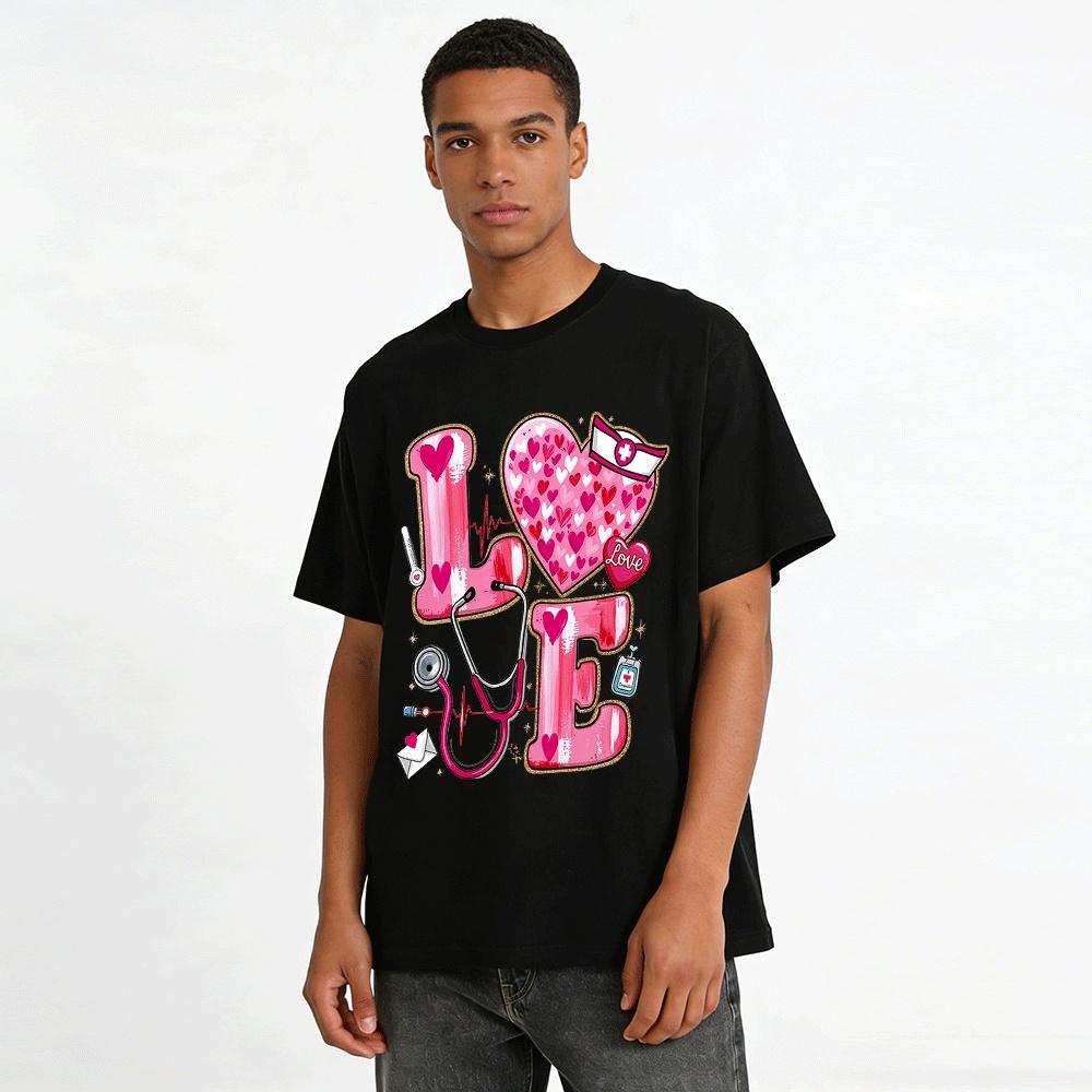 Love Themed Nurse Print Casual Top For Medical Workers Pure Cotton T-shirt