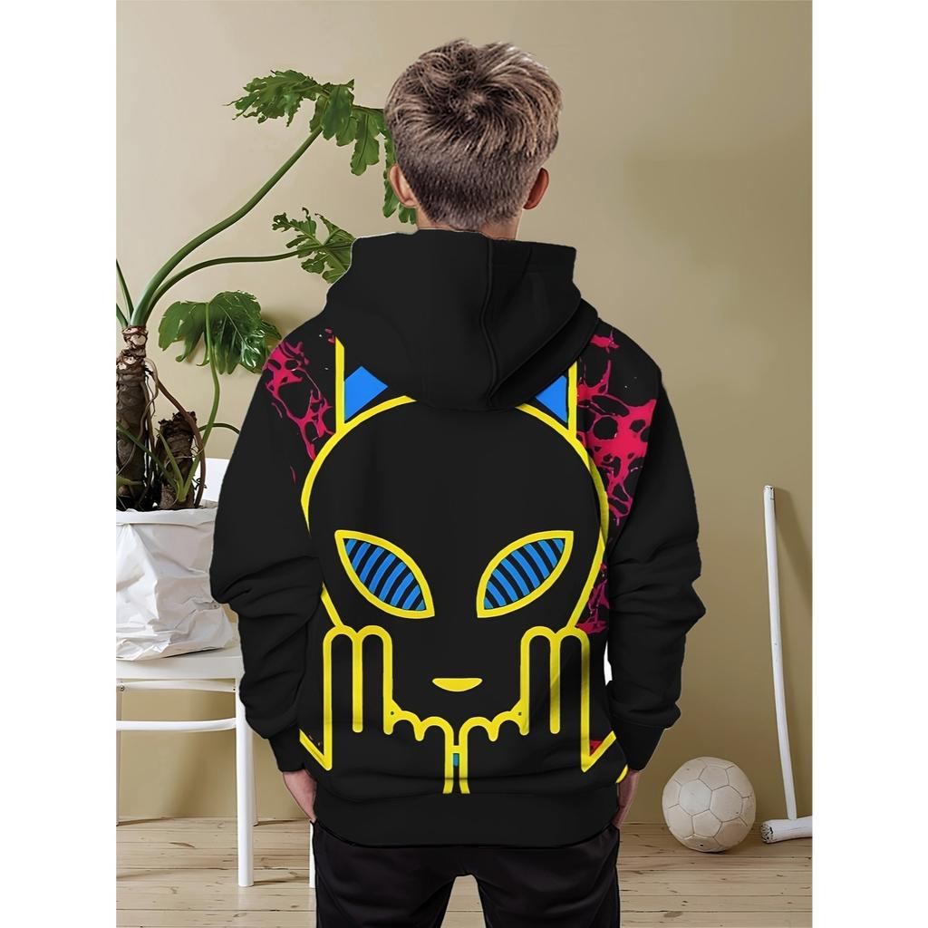 Boy's 3D Digital Printed Cat Tongue Pattern Hoodie - Black Casual Hoodie, Soft Machine Washable Fabric