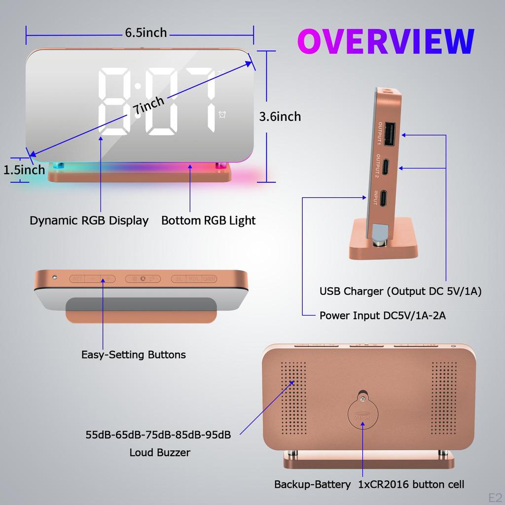 LED Digital Alarm Clock Bedroom Brightness Dimmer with USB Charging Port, RGB Color Modes,